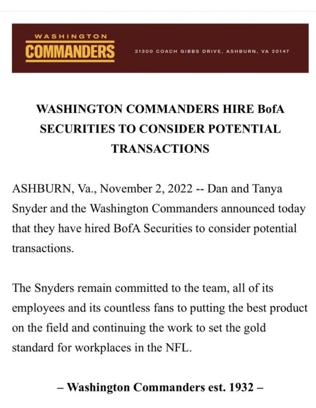 Commanders Statement On Team Sale